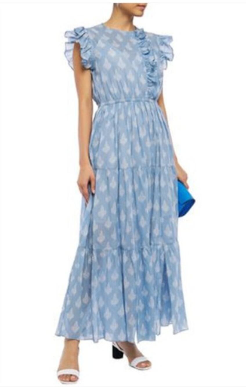 Maje Roses Ruffle-trimmed Printed Cotton-voile Maxi Dress In Light Blue Size 2